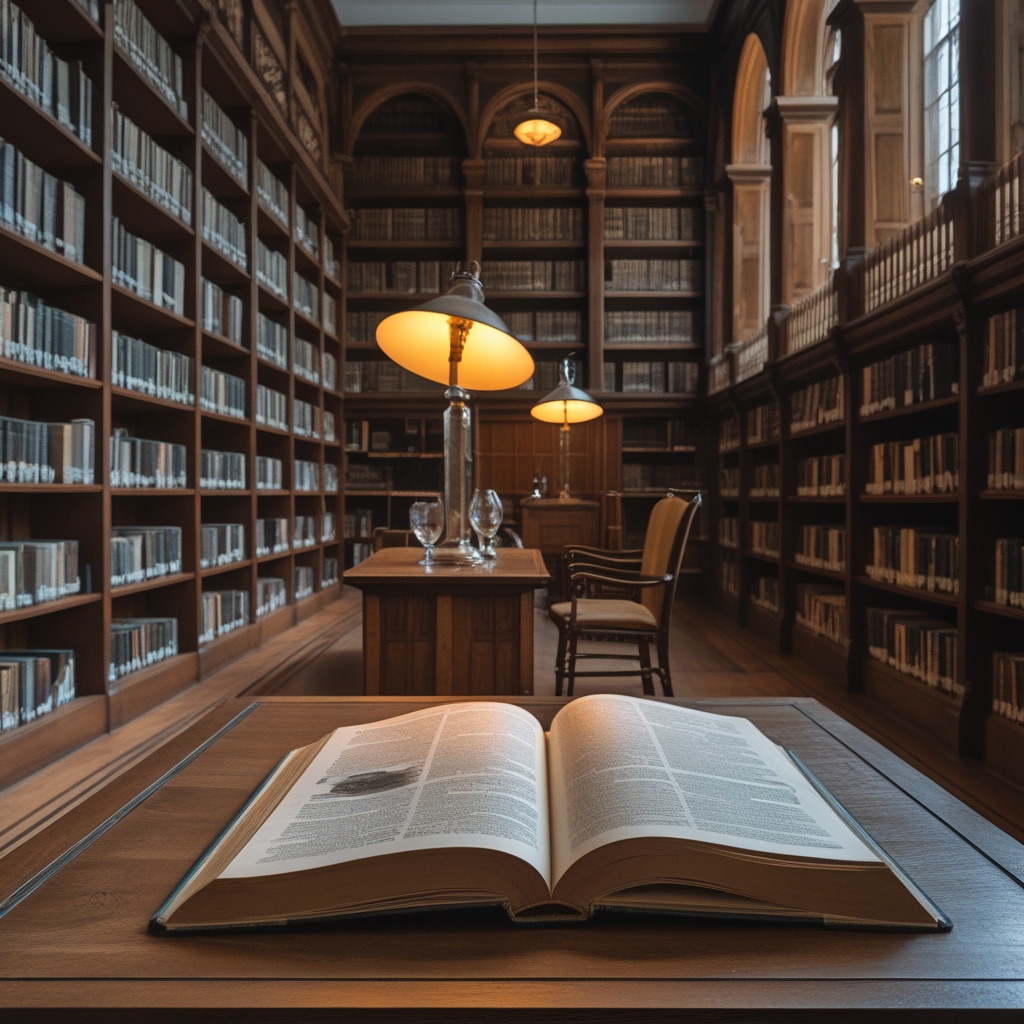 Interior view of a well-lit research library with floor-to-ceiling wooden bookshelves filled with academic volumes, a large oak reading desk with an open botanical reference book and glass of water, warm incandescent light from a desk lamp creating a focused intellectual atmosphere