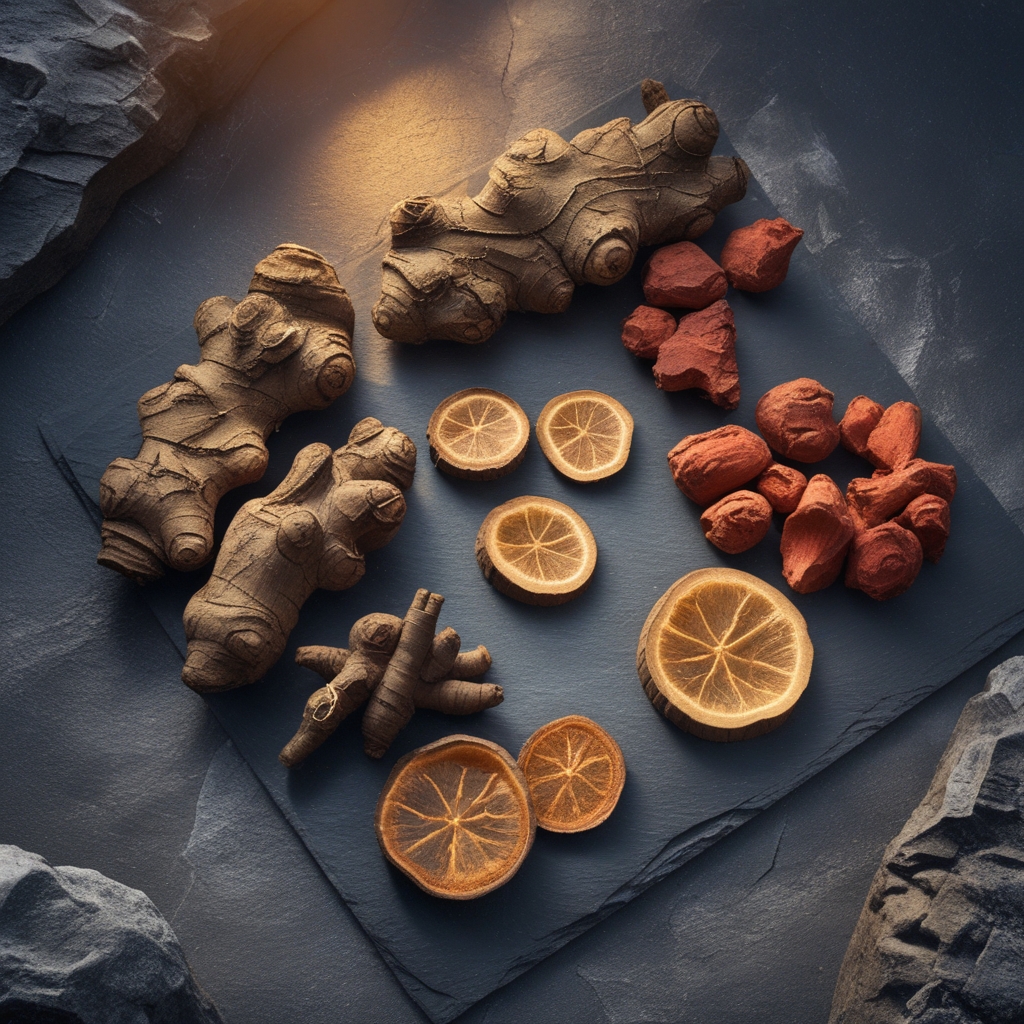 Collection of whole adaptogenic plant roots including thick gnarled ashwagandha root, dried slices of eleuthero root, and raw rhodiola rosea root pieces arranged on dark grey slate with dramatic single-source lighting from the upper left creating rich textures and shadows