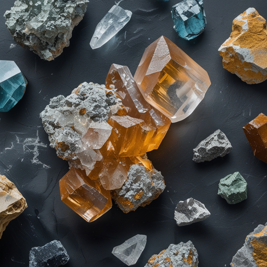 Macro close-up of natural mineral specimens including a crystalline zinc ore sample, lustrous selenium deposits, and rough magnesium mineral fragments arranged on a dark textured background with focused light highlighting the crystalline surfaces and mineral colours