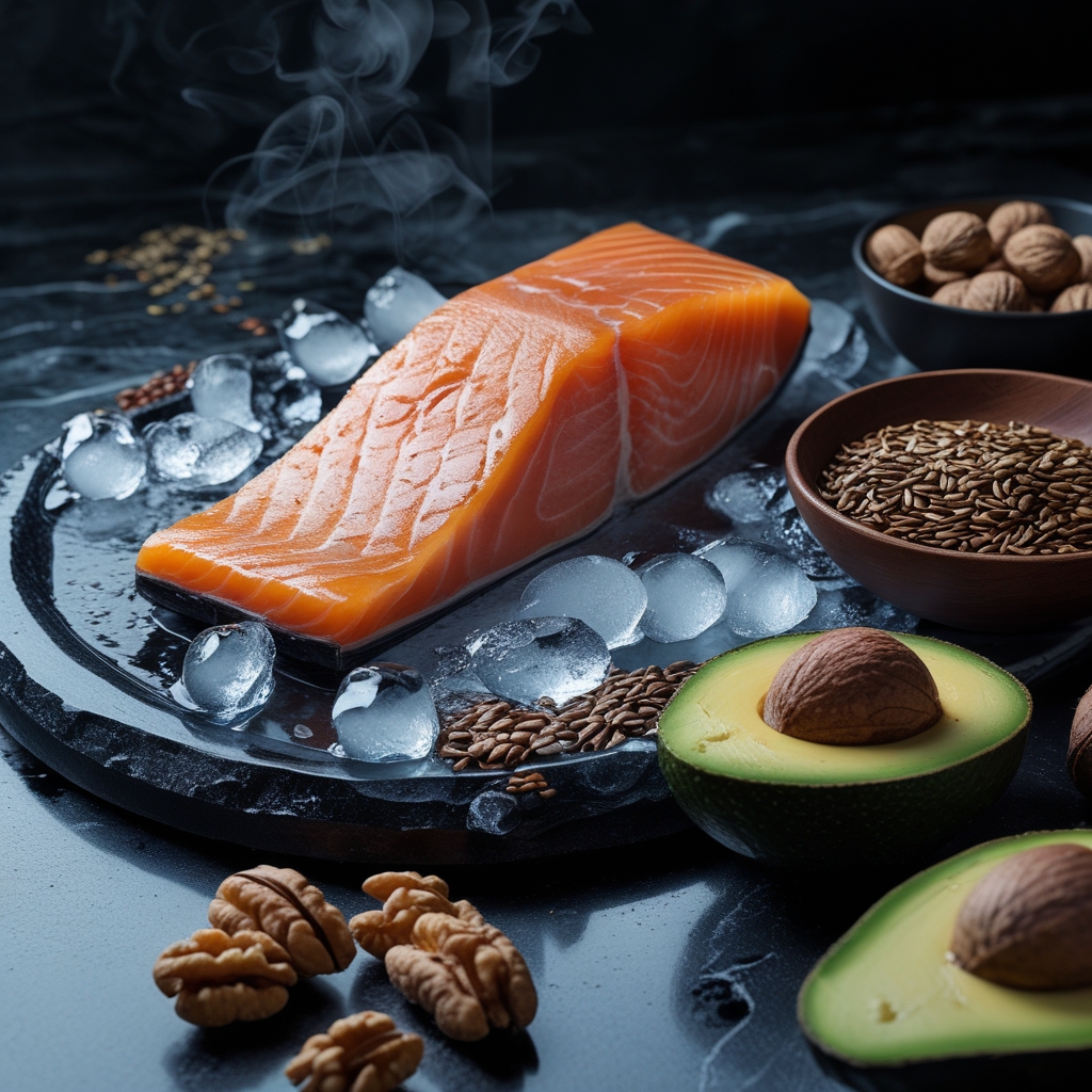 Still life arrangement of omega-3 rich natural food sources including a whole salmon fillet on ice with visible pink flesh, a small bowl of flaxseeds, walnuts in their shells, and a dark green avocado half on a marble surface with cool natural light
