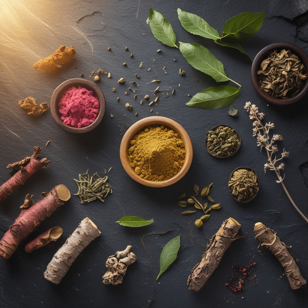 Wide flat lay of diverse dried medicinal herbs and botanicals including rhodiola rosea root sections, maca powder in a small wooden bowl, green tea leaves, and various dried berries arranged on a dark slate surface with cinematic directional light from the left