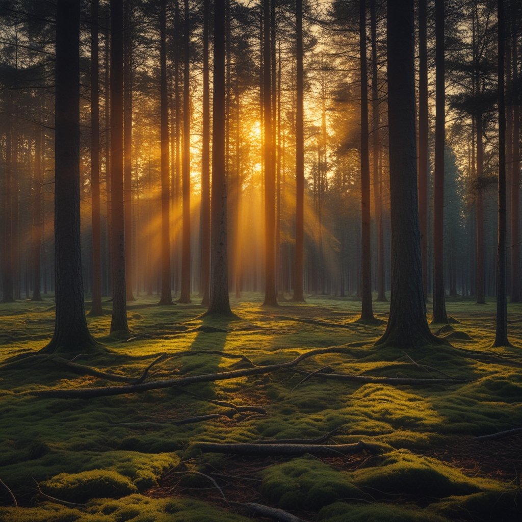 Cinematic view of a tranquil boreal forest at golden hour, shafts of warm amber light filtering through tall pine trees illuminating a carpet of green moss and fallen leaves, deep shadows creating dramatic depth
