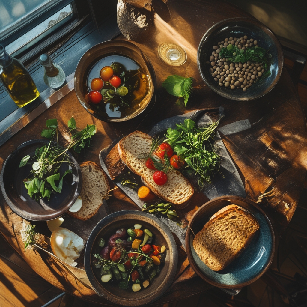 Aerial view of a wooden dining table set with a Mediterranean-style spread of whole grain bread, roasted vegetables, olive oil in a glass bottle, fresh herbs, and legumes in ceramic bowls, warm natural daylight from a window casting soft shadows
