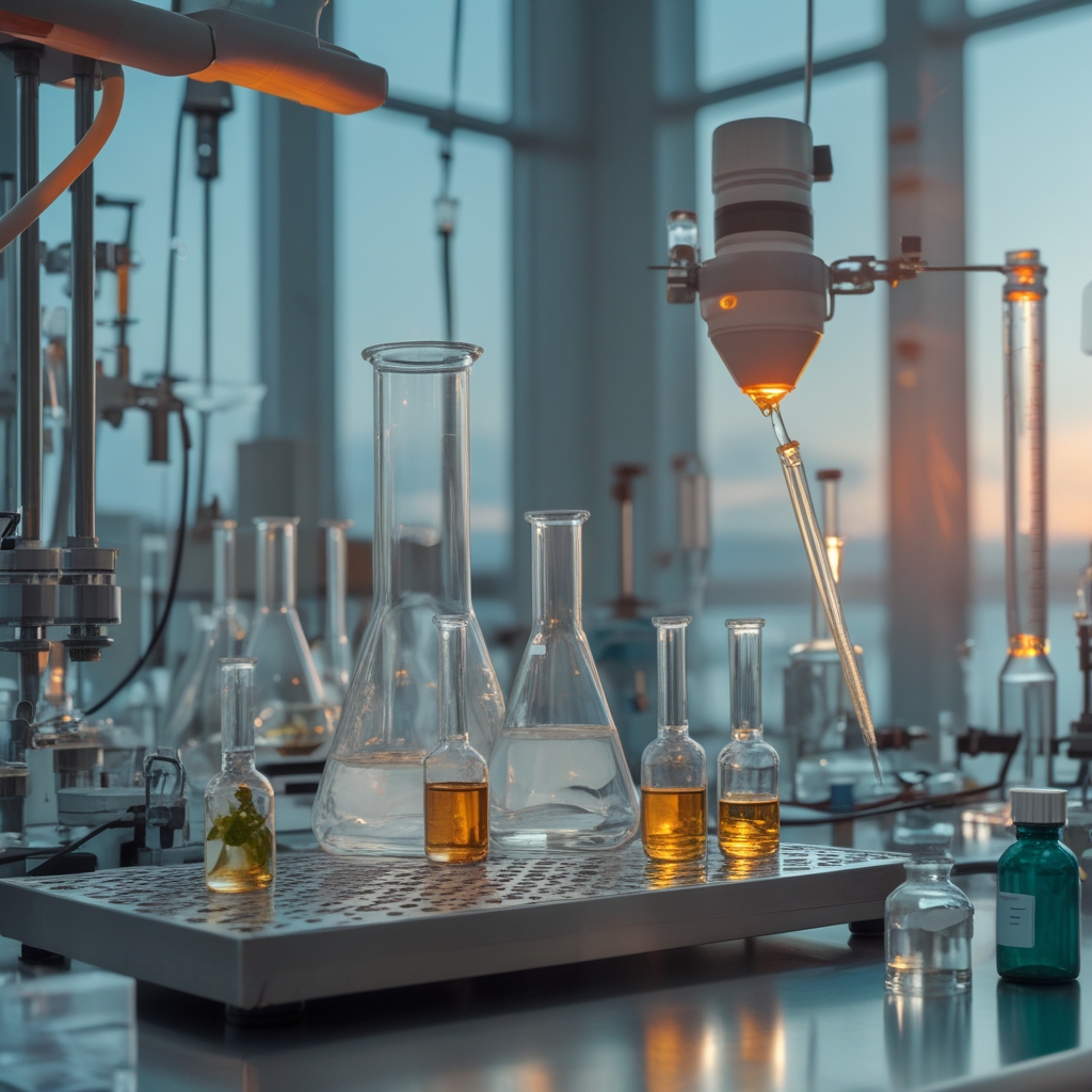 Scientific research laboratory setting with glass beakers, analytical instruments, and botanical plant extracts in small glass vials arranged on a stainless steel workbench, cool blue-white laboratory lighting with selective warm accent illumination